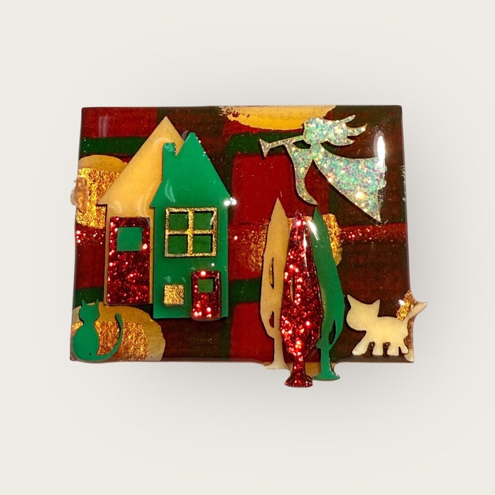 House Pins By Lucinda Christmas Brooch Angel Cat House Trees Glittery Vintage